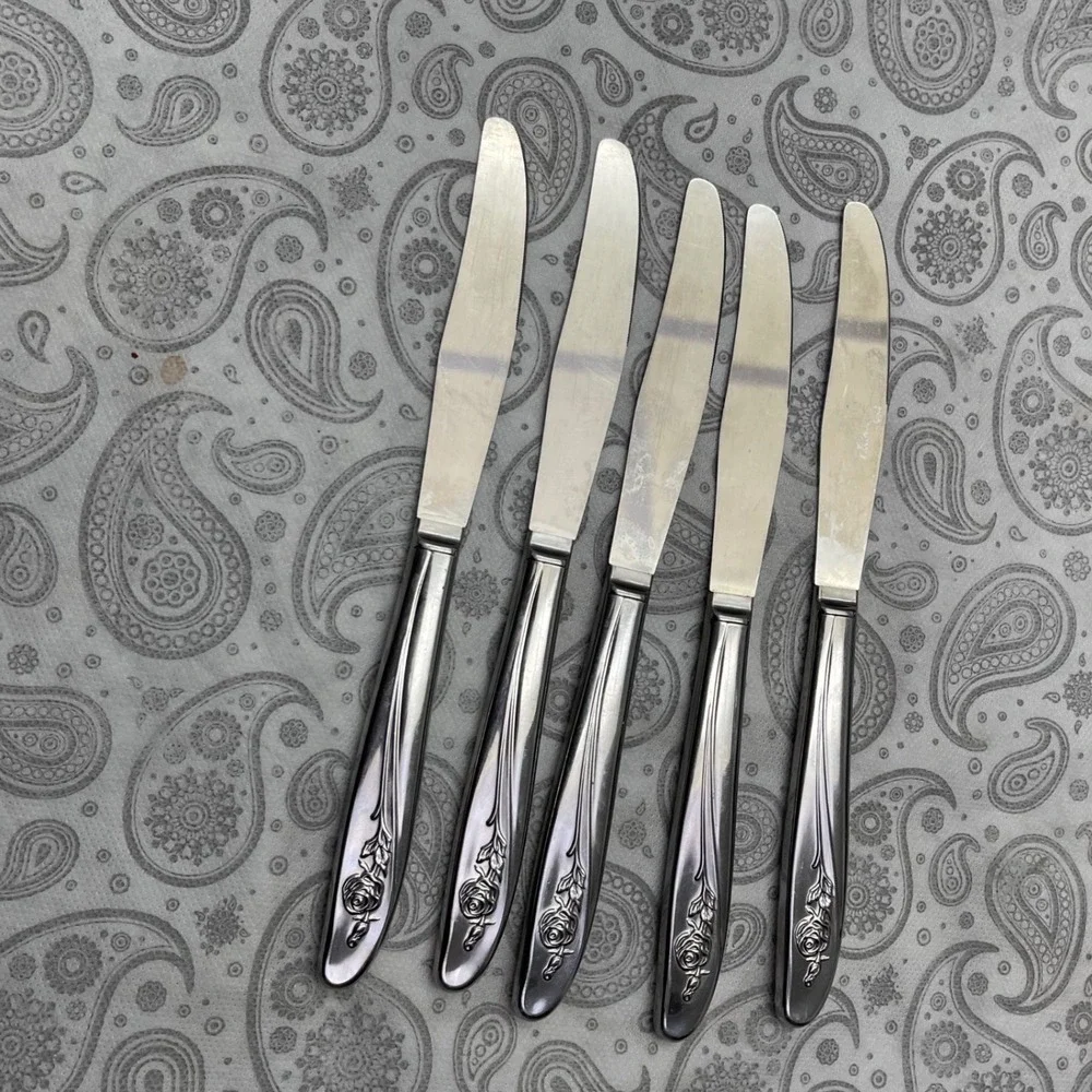Vintage Stainless Steel Floral Handle Dinner Knives Set of 5